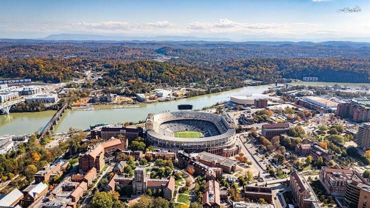 Aerial view of Knoxville, Neyland Stadium and the Tennessee River