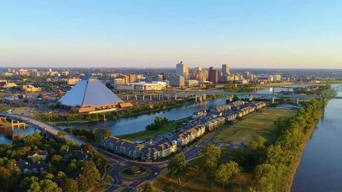Aerial view of downtown Memphis, the Pyramid and the Mississippi River